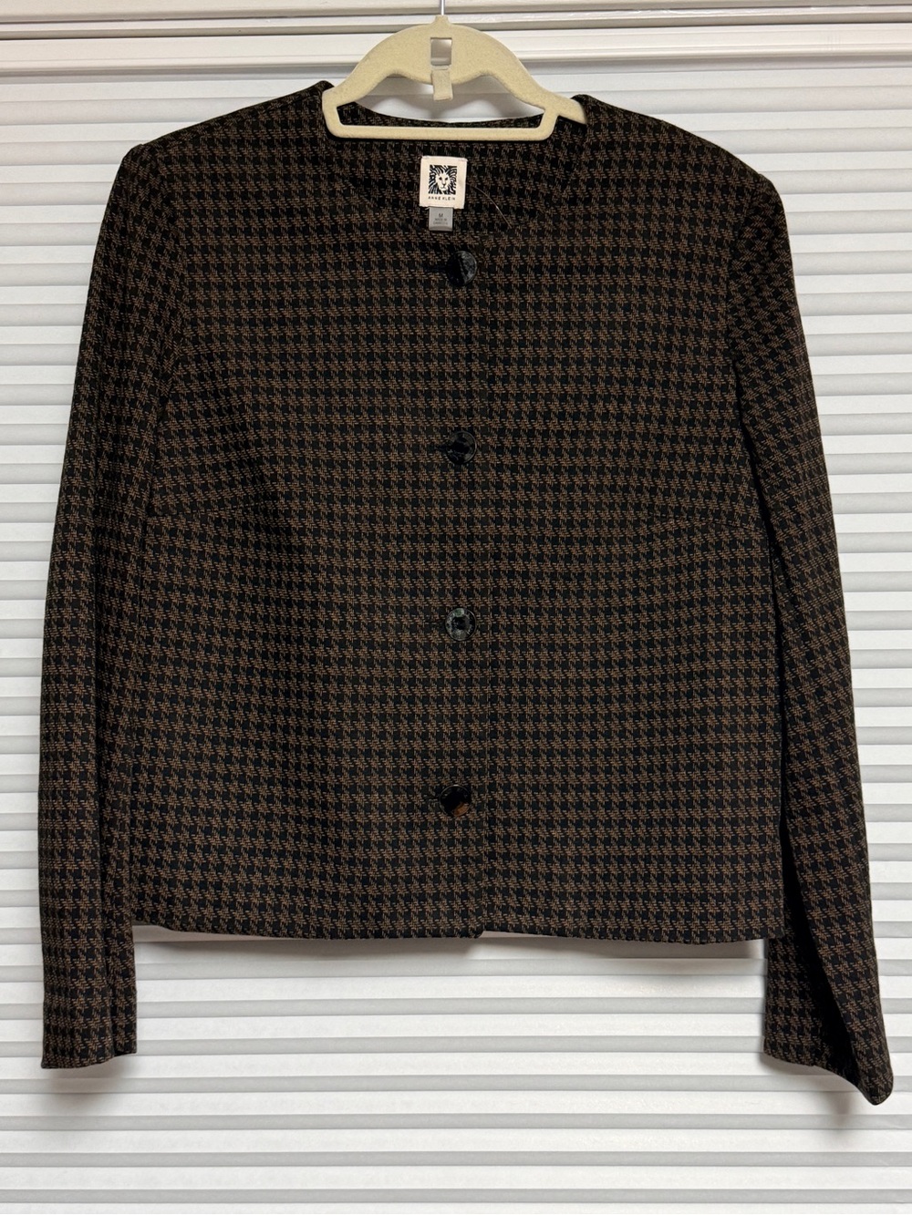 Anne Klein Collarless Houndstooth Jacket - Brown & Black